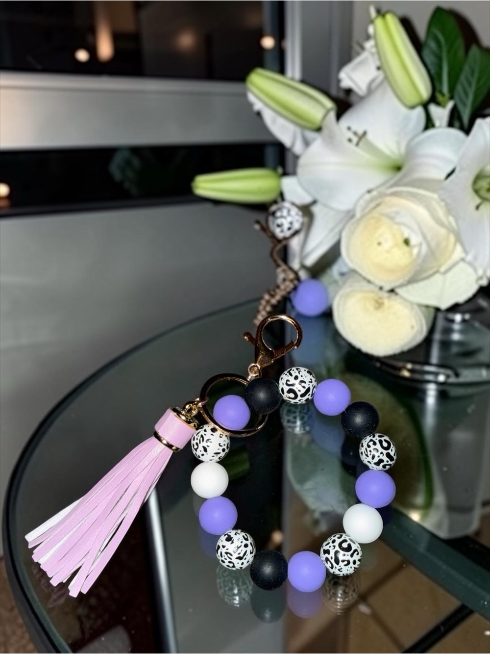 Purple Leopard Print Tassel Beaded Tassel Bag Charm or Keyring Wristlet - Picture 3 of 4